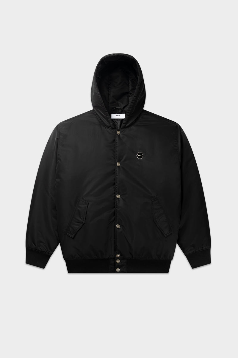 Hex Badge Hooded Bomber Jacket Jet Black