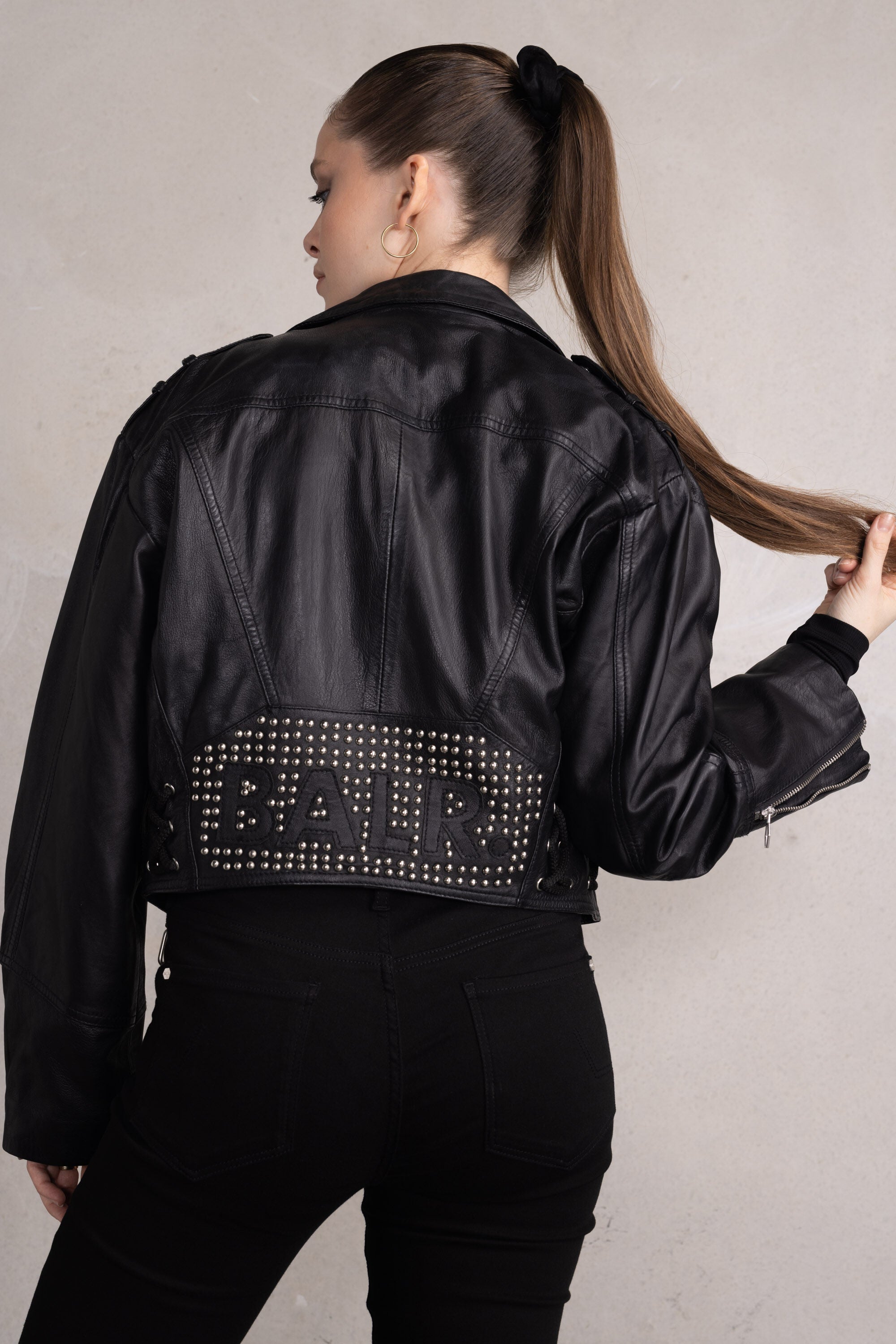 Leather Oversized Cropped Studs Jacket Jet Black